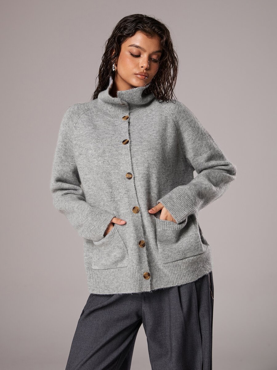 TRNVIE Women's Loose Lazy Knit Button Up Stand Collar Cardigan Sweater, Autumn/Winter - Grey - View 1