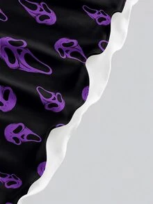 ROMWE Goth 恐怖暗黑哥德式面具滿版印花迷你性感女裝洋裝，秋冬款 - 黑色 - 查看 4