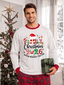 Sorvial [Excl, Baby & Kids]男士純色圓領長袖休閒居家服套裝 - 紅白色 - 查看 4