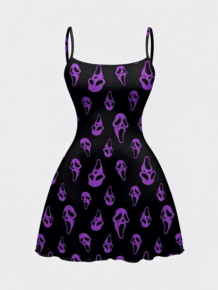 ROMWE Goth 恐怖暗黑哥德式面具滿版印花迷你性感女裝洋裝,秋冬款 - 黑色 - 查看 1