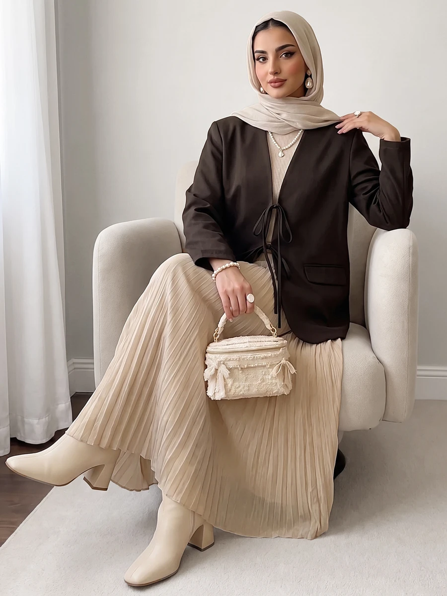 Solavon New Design Elegant Tie-Up Bow Loose Fit Versatile Blazer Jacket For Daily Commute - Coffee Brown - View 1