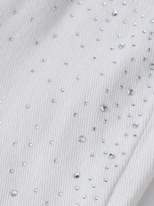SHEIN Elladie kids 女童牛仔褲，嬰兒藍，返校季 Y2K 水鑽鑽石閃亮牛仔褲，不對稱彈性腰寬鬆直筒寬腿棉質丹寧夏季款 - 白色 - 查看 4