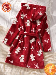 SHEIN 女童絨毛保暖熊圖案長袖連帽加厚保暖內裡睡袍家居服 秋冬款 - 紅色 - 查看 2
