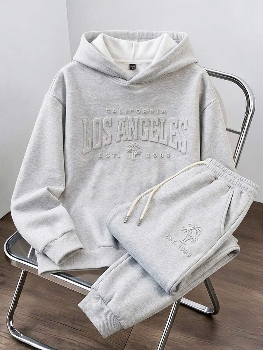 Sorvial Standard Size Men's Light Gray Floral Knit Hoodie & Sweatpants Set, 3D Letter Sports Outfit - Grey - View 1
