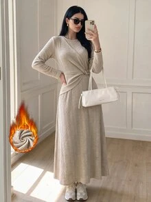 Solavon Women's Solid Color Round Neck Long Sleeve Ruched Waist Casual Long Dress - Khaki - View 1