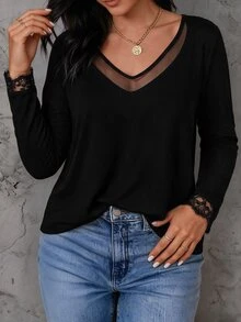 Linhara CURVE Plus Size Versatile Lace Patchwork French Style T-Shirt For Daily Wear - Black - View 3