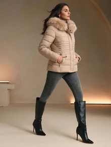 Anewsta Women's Fur Collar Casual Versatile Winter Padded Coat - Apricot - View 5