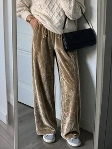 Solavon Women's Floral Embroidered Elastic Waist Loose Casual Long Pants - Khaki - View 7