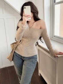 Feyla New French Style Sequin One-Shoulder Long Sleeve Knit Base Layer Top, Sexy Fluffy Cuffs, Slim Fit Innerwear - Apricot - View 4