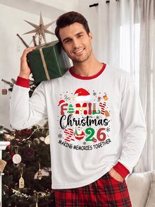 Sorvial [Excl, Baby & Kids]男士純色圓領長袖休閒居家服套裝 - 紅白色 - 查看 5