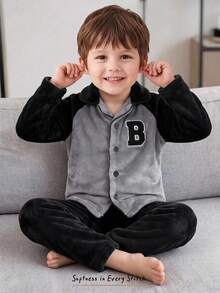 Cozy Pixies Young Boy 2pcs Casual Comfortable Versatile Colorblock Raglan Sleeve Polo Long Sleeve Top & Long Pants Loungewear Set - Multicolor - View 1