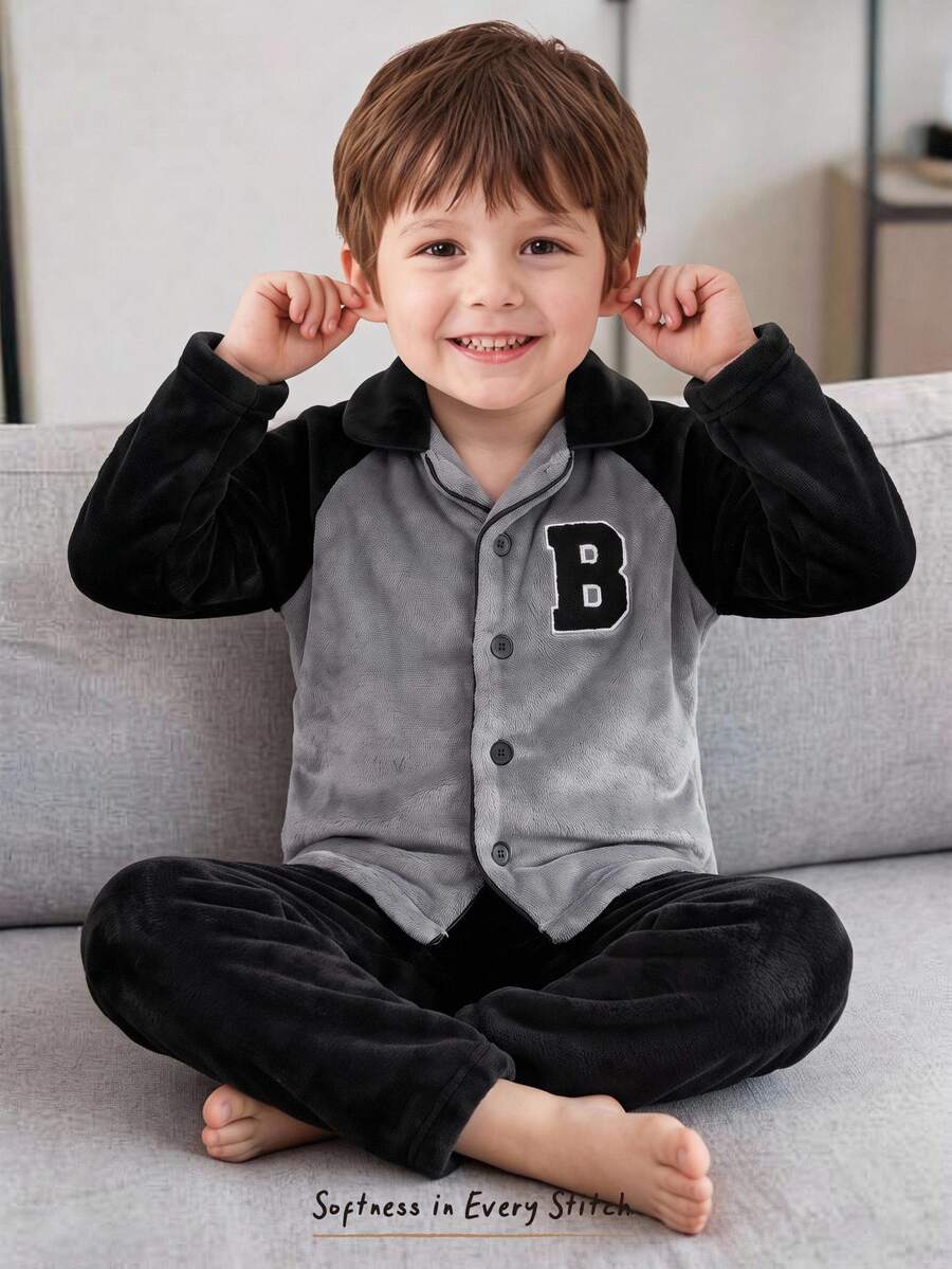 Cozy Pixies Young Boy 2pcs Casual Comfortable Versatile Colorblock Raglan Sleeve Polo Long Sleeve Top & Long Pants Loungewear Set - Multicolor - View 1
