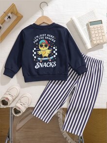 SHEIN Playful Pals 2件組 幼兒男童運動衫長褲套裝 可愛海軍藍配色 白色條紋 長袖圓領 標準版型 休閒舒適 秋冬日常 兒童男童節日冬季款 - 綠色 - 查看 3
