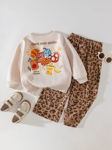 THE HAPPY LOOK Young Boy Cute Comfortable Letter Print Long Sleeve Sweatshirt And Leopard Print Sweatpants Set - Multicolor - View 2