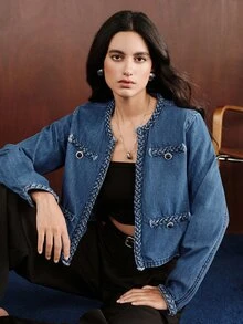 Anewsta Women's Woven Rope Decor Minimalist Versatile Denim Jacket - Blue - View 7