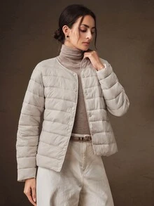 Anewsta Autumn/Winter Crew Neck Apricot Thin Long Sleeve Padded Coat - Apricot - View 3