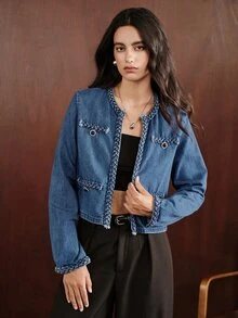 Anewsta Women's Woven Rope Decor Minimalist Versatile Denim Jacket - Blue - View 4