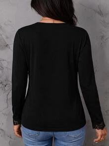 Linhara CURVE Plus Size Versatile Lace Patchwork French Style T-Shirt For Daily Wear - Black - View 2