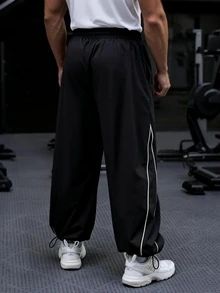 GymBeat Men's Casual Drawstring Waist Contrast Piping Loose Fit Sweatpants Sweat Pants, Gym - Black - View 2