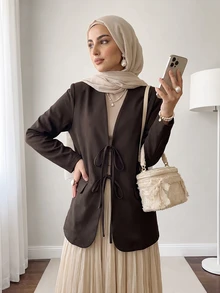 Solavon New Design Elegant Tie-Up Bow Loose Fit Versatile Blazer Jacket For Daily Commute - Coffee Brown - View 4