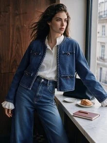Anewsta Women's Woven Rope Decor Minimalist Versatile Denim Jacket - Blue - View 5