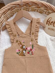 SHEIN 新生兒卡通兔子刺繡荷葉袖連身衣 - 駝色 - 查看 5