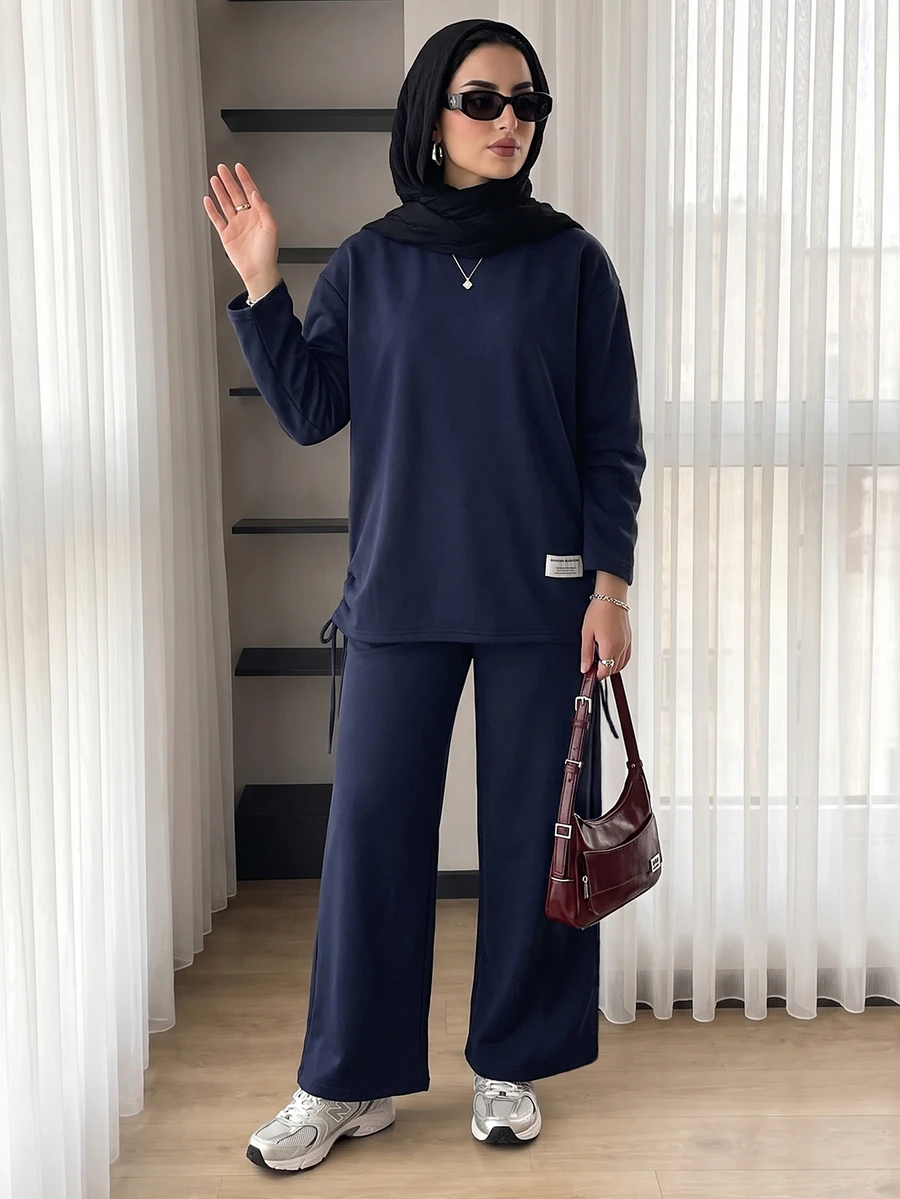 Solavon New Korean Vintage Loose Comfortable Patchwork Drawstring Design Casual College Outfit Set - Navy Blue - View 1