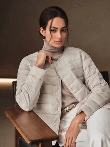 Anewsta Autumn/Winter Crew Neck Apricot Thin Long Sleeve Padded Coat - Apricot - View 6
