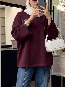 Solavon Women's Letter Print Half-Zip Drop Shoulder Long Sleeve Sweatshirt - Burgundy - View 5