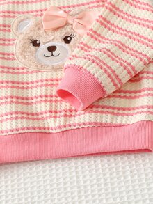 Cozy Pixies Baby Girl 2pcs Set Cute Bow Bear Pattern Striped Crew Neck Sweatshirt And Pink Long Pants - Multicolor - View 5