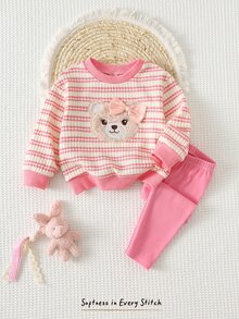 Cozy Pixies Baby Girl 2pcs Set Cute Bow Bear Pattern Striped Crew Neck Sweatshirt And Pink Long Pants - Multicolor - View 3