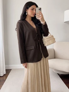 Solavon New Design Elegant Tie-Up Bow Loose Fit Versatile Blazer Jacket For Daily Commute - Coffee Brown - View 3