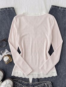 Tween Girls T-Shirts Pink Striped Lace Trim Patchwork Long Sleeve T-Shirt - Baby Pink - View 2