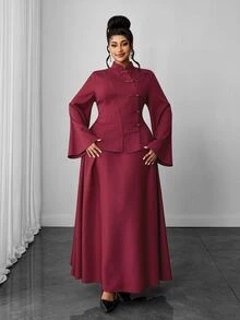 Maweii Plus Size Burgundy New Chinese Style 2 Pieces Set, Stand Collar Oblique Placket Frog Button Bell Sleeve Top And High Waist Flared Long Skirt, Return Home Ceremony Dress - Burgundy - View 2