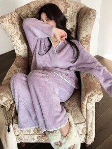 Feyla New Design Lazy Petal Collar Contrast Trim Elegant Comfortable Casual Home Wear Set - Pink - View 5