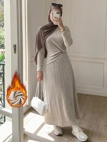 Solavon Women's Solid Color Round Neck Long Sleeve Ruched Waist Casual Long Dress - Khaki - View 2