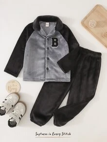 Cozy Pixies Young Boy 2pcs Casual Comfortable Versatile Colorblock Raglan Sleeve Polo Long Sleeve Top & Long Pants Loungewear Set - Multicolor - View 3
