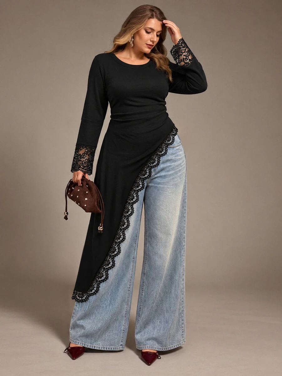 Juhart Plus Size French Lace Patchwork Asymmetrical Hem T-Shirt - Black - View 1