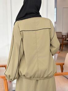 Solavon Women's Long Sleeve Zipper Front Jacket And Skirt Casual 2 Pieces Set - Khaki - View 2