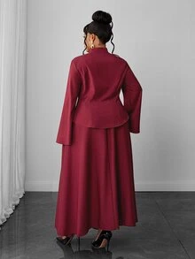 Maweii Plus Size Burgundy New Chinese Style 2 Pieces Set, Stand Collar Oblique Placket Frog Button Bell Sleeve Top And High Waist Flared Long Skirt, Return Home Ceremony Dress - Burgundy - View 4