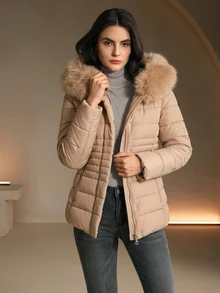 Anewsta Women's Fur Collar Casual Versatile Winter Padded Coat - Apricot - View 4