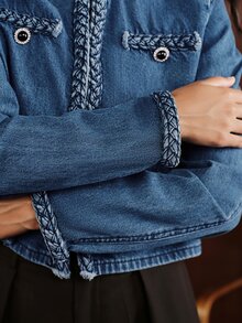 Anewsta Women's Woven Rope Decor Minimalist Versatile Denim Jacket - Blue - View 3