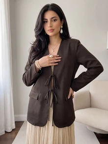 Solavon New Design Elegant Tie-Up Bow Loose Fit Versatile Blazer Jacket For Daily Commute - Coffee Brown - View 6