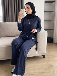 Solavon New Korean Vintage Loose Comfortable Patchwork Drawstring Design Casual College Outfit Set - Navy Blue - View 3