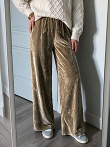Solavon Women's Floral Embroidered Elastic Waist Loose Casual Long Pants - Khaki - View 2