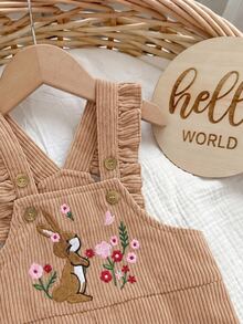 SHEIN 新生兒卡通兔子刺繡荷葉袖連身衣 - 駝色 - 查看 4
