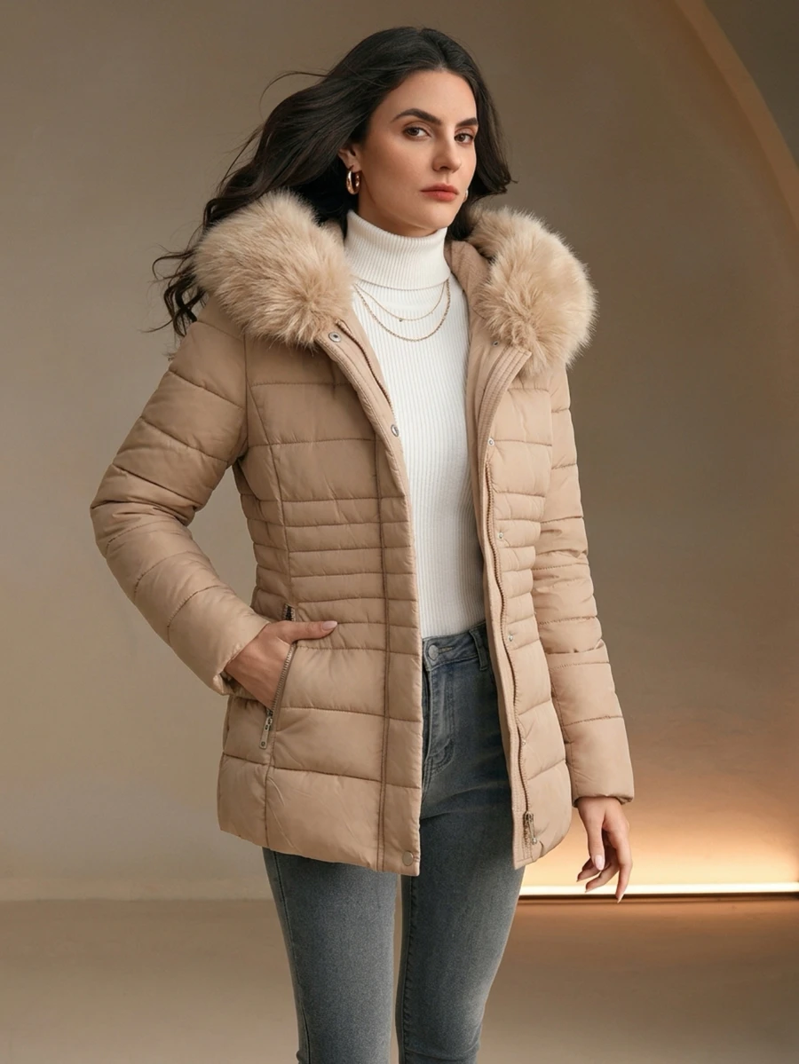 Anewsta Women's Fur Collar Casual Versatile Winter Padded Coat - Apricot - View 1