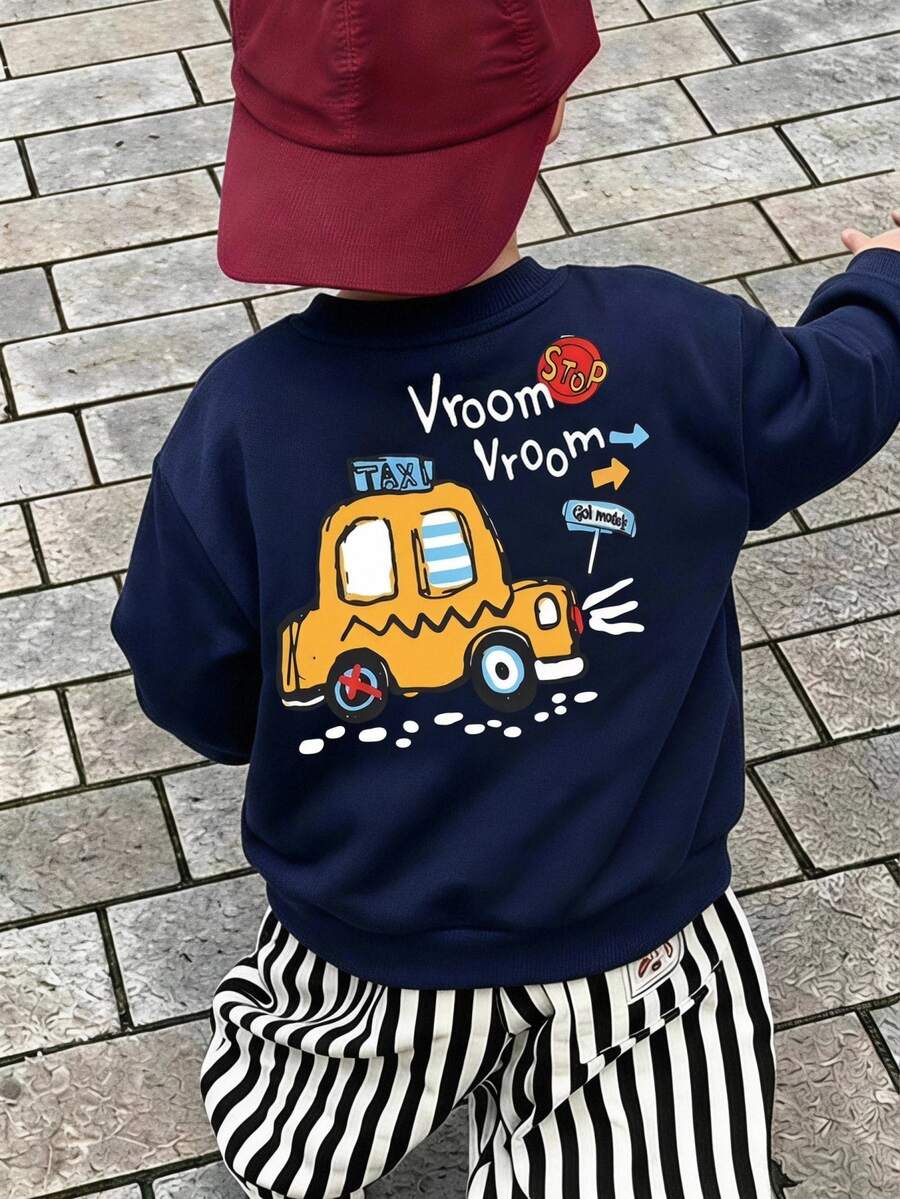 THE HAPPY LOOK Young Boy Casual Comfortable Everyday Versatile Car Pattern Crew Neck Sweatshirt - Royal Blue - View 1