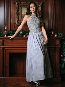 Anewsta Affair Women's Heavy Embellished Rhinestone Vintage Beaded Pattern Long Dress Evening Gown, Party, Date, Holiday, Party, Wedding Guest, Christmas - Grey - View 4