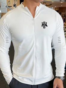 Sport MetroGents 白色男士拉鍊運動夾克，秋季運動休閒基本款健身運動上衣，休閒純色長袖透氣慢跑跑步男友風夾克 - 白色 - 查看 3